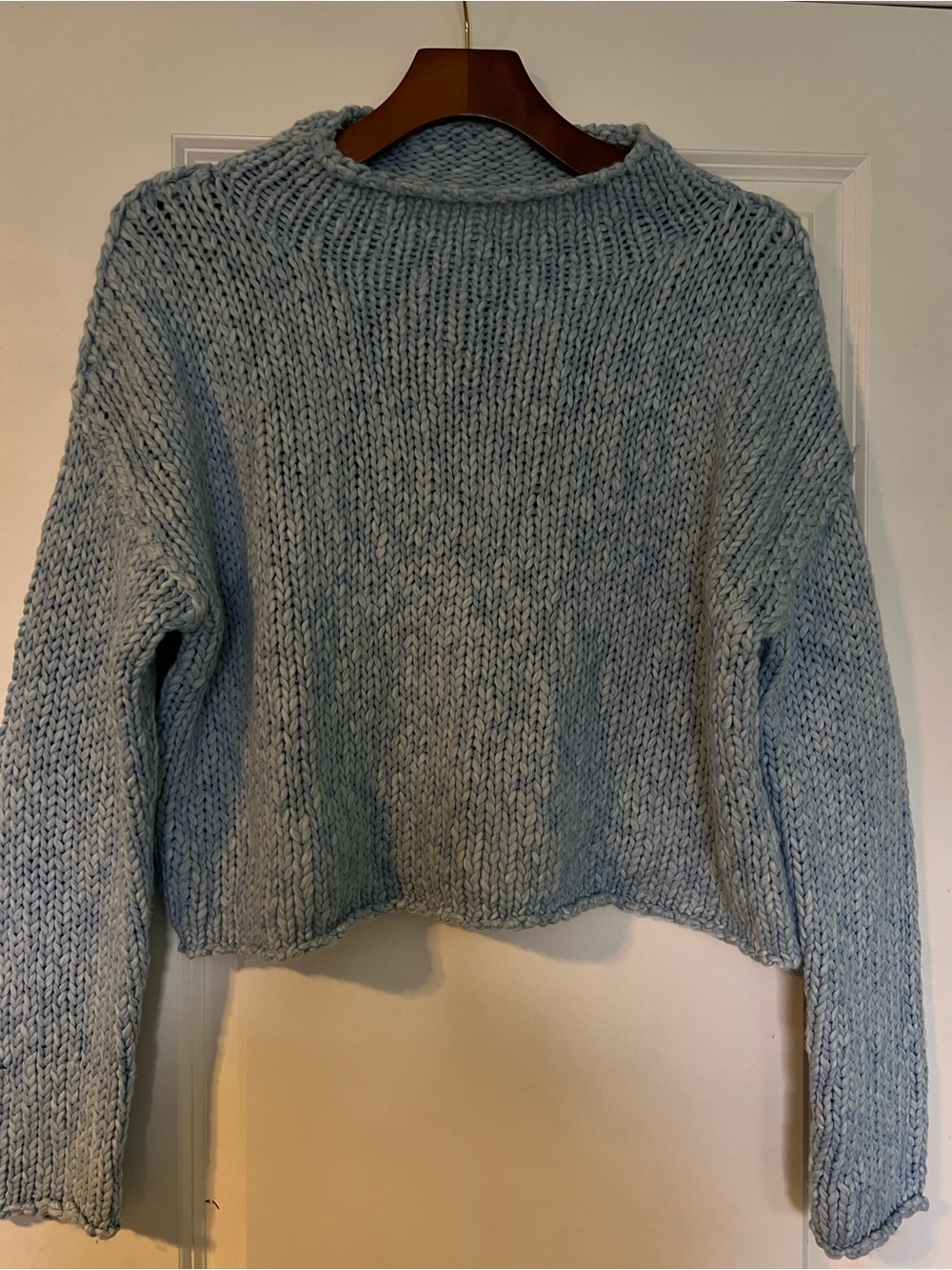 Free People Roll Neck Blue Cropped Chunky Knit Sweater